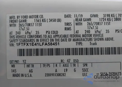 2020 Ford F-150 Xl from USA, damaged, VIN 1FTFX1E41LFA58451